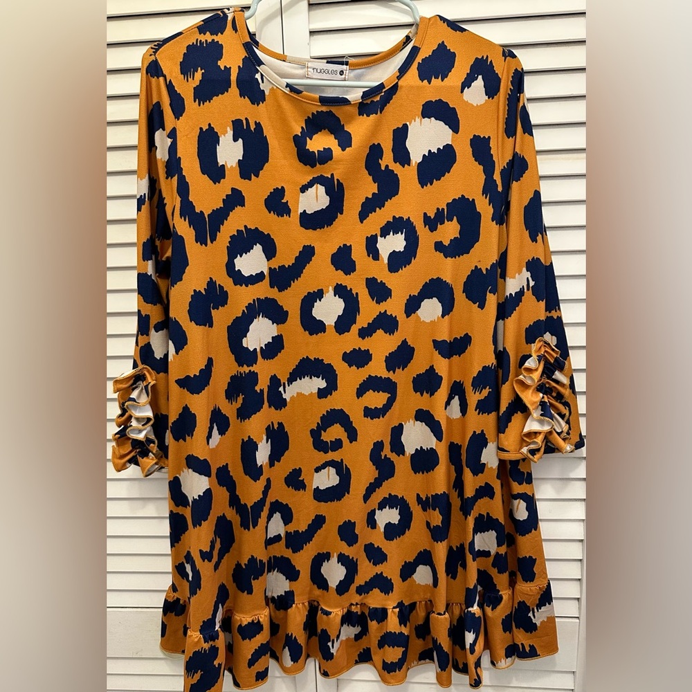 NUGGLES Mustard/Navy Leopard Ruffle Top Size XL - Picture 1 of 8
